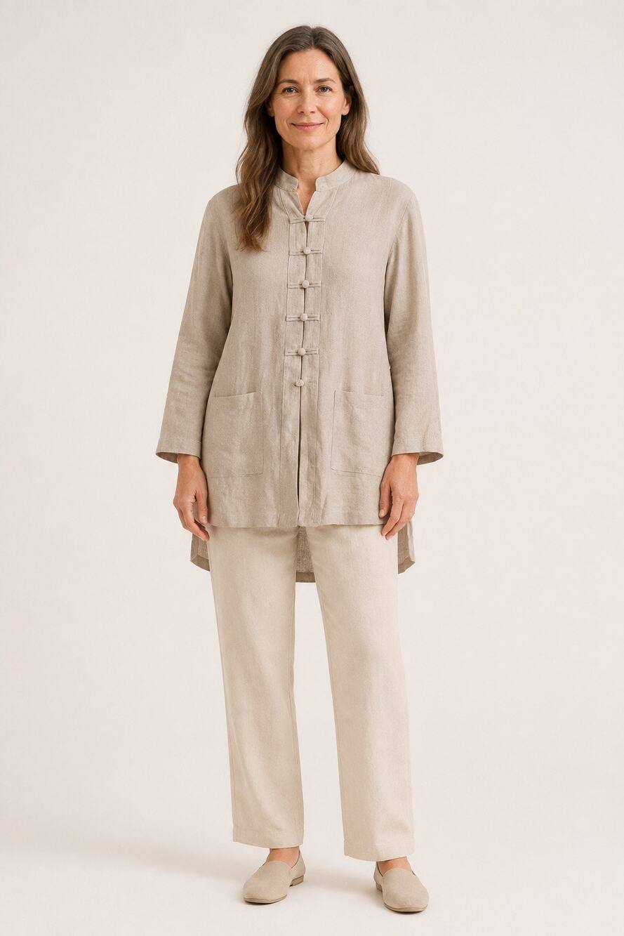 Jeffrey Halper Oatmeal Linen Mandarin Collar Frog Closure Tunic Jacket Vintage